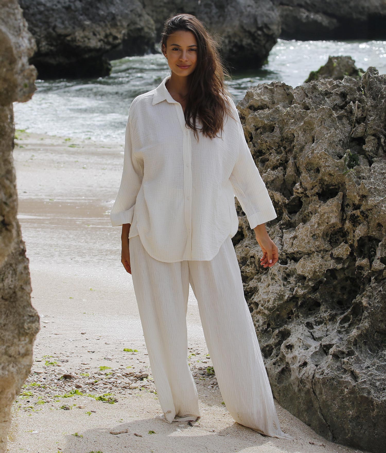 The Handloom Echo Maxi Shirt - Natural With Stripes