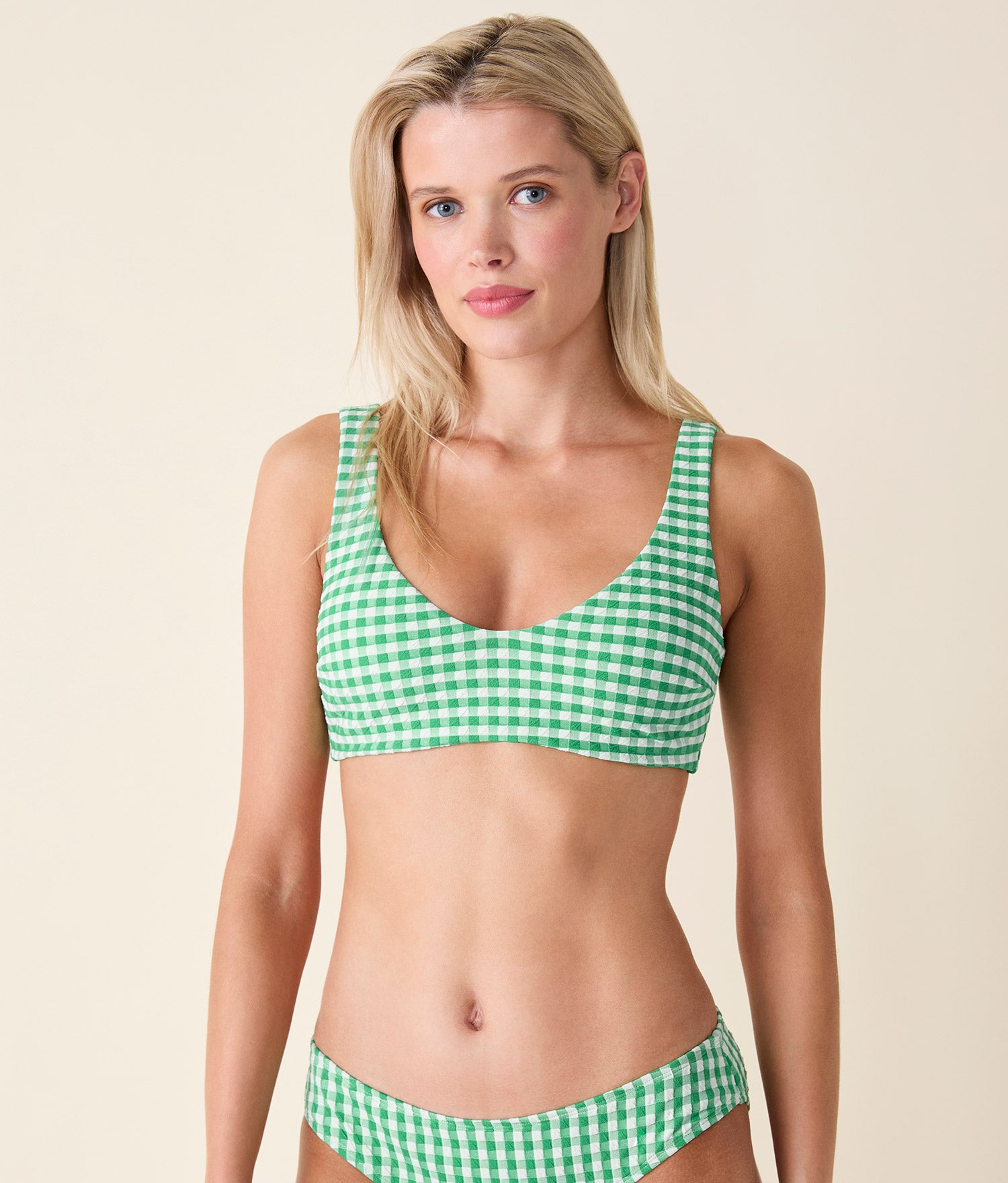 The Delray Bikini Top - Crinkle Gingham - Green Gingham