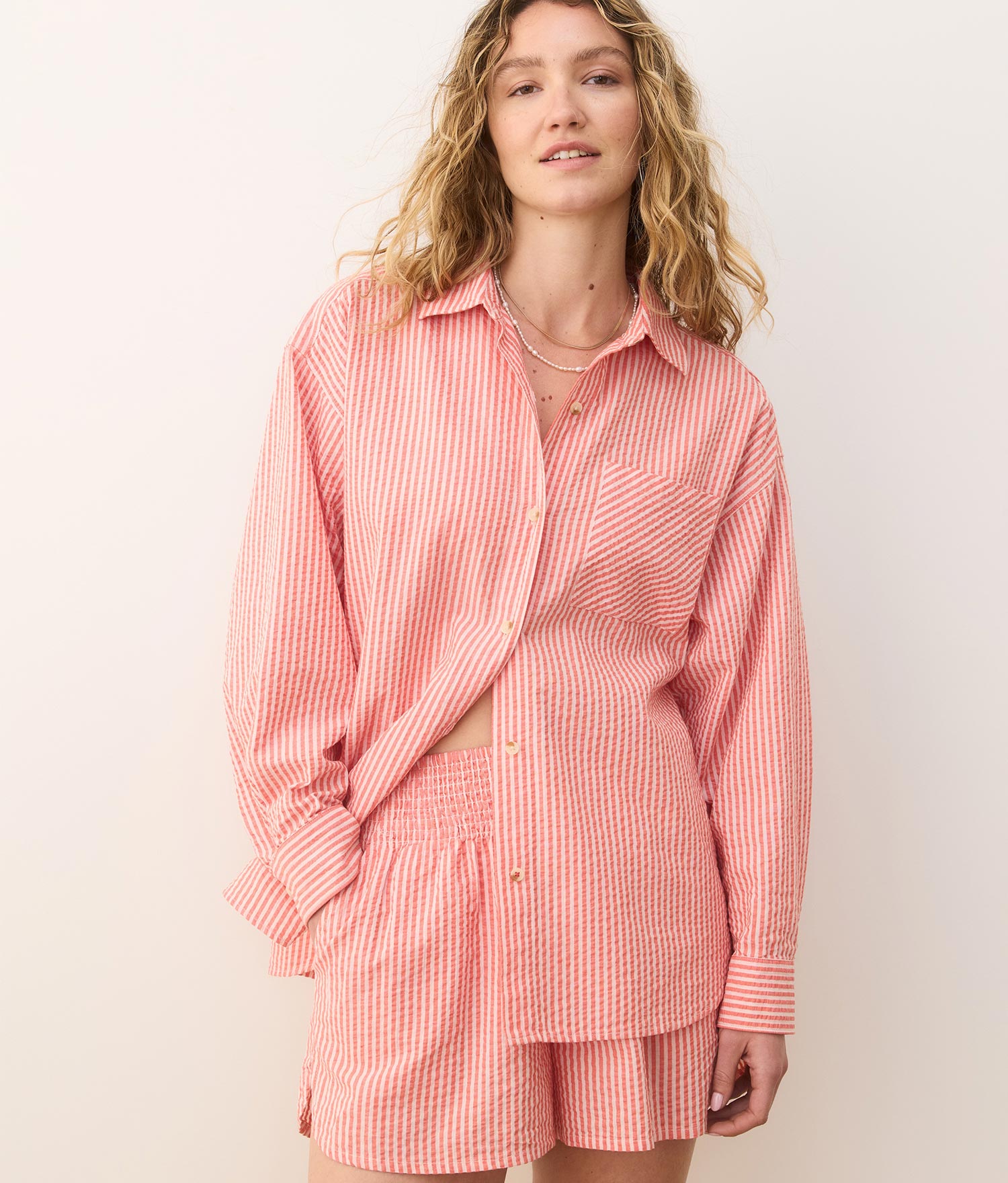 Gracey Oversized Seersucker Shirt - Seersucker - Hibiscus/Sand Stripe